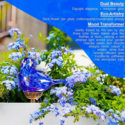 Solar Bird Garden Stake Lights - Hand Blown Glass Decorative Garden Pathway Lights Outdoor Waterproof Bird Glass Stakes (Dark Blue)
