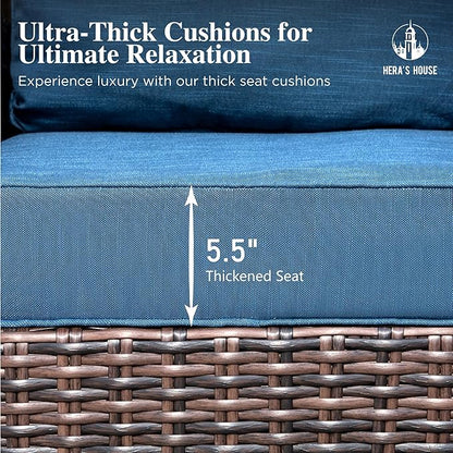 Oversized Patio Wicker Chairs, High Back Outdoor Swivel Chairs Set of 2 with Rattan Side Table, 5.5" Thick Cushions, 3-Piece Patio Furniture Sets for Deck Porch Pool, Brown/Blue