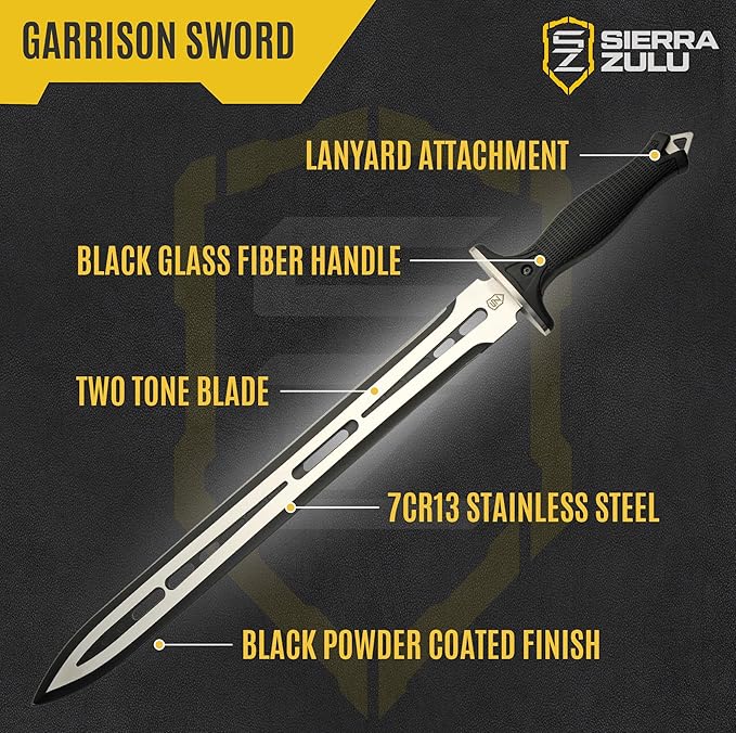 Sierra Zulu Garrison Sword - 7CR13 Stainless Steel Blade, 27.0 inches Overall, 19.5” Blade with Two Tone Powder Coated Finish - Glass Fiber Handle, Tactical Nylon Sheath with Reversible Wear Strap