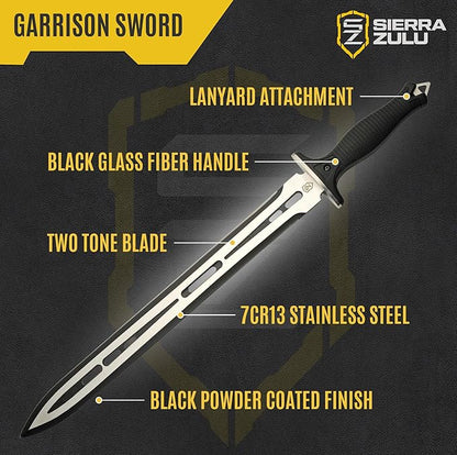 Sierra Zulu Garrison Sword - 7CR13 Stainless Steel Blade, 27.0 inches Overall, 19.5” Blade with Two Tone Powder Coated Finish - Glass Fiber Handle, Tactical Nylon Sheath with Reversible Wear Strap