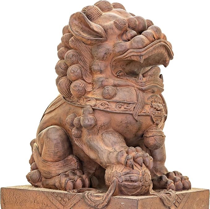 Zaer Ltd. Set of 2 Traditional Fu Dog Garden Statues, Chinese Guardian Lion Sculptures with Pedestals, Made with Magnesium-Cement (Antique Rust)
