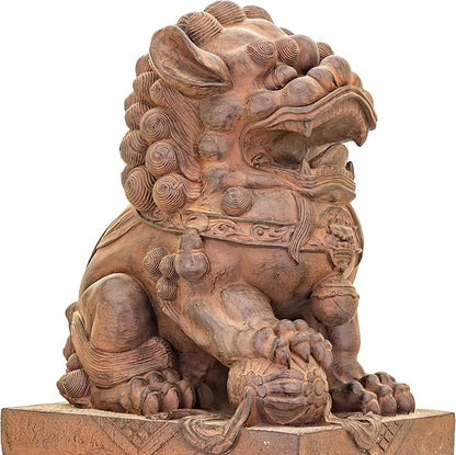 Zaer Ltd. Set of 2 Traditional Fu Dog Garden Statues, Chinese Guardian Lion Sculptures with Pedestals, Made with Magnesium-Cement (Antique Rust)