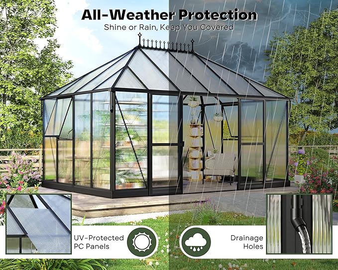 14×9.7×10 FT Outdoor Polycarbonate Greenhouse with 6 ft Double Swing Door & 2 Vents, Heavy Duty Green House with Aluminum Frame for Outside Patio Backyard Garden