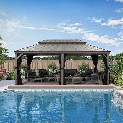 PURPLE LEAF 12' x 20' Permanent Hardtop Gazebo with Galvanized Steel Double Roof and Aluminum Frames Outdoor Large Pavilion Gazebo for Patio Deck Garden, Netting and Curtains Included, Light Grey