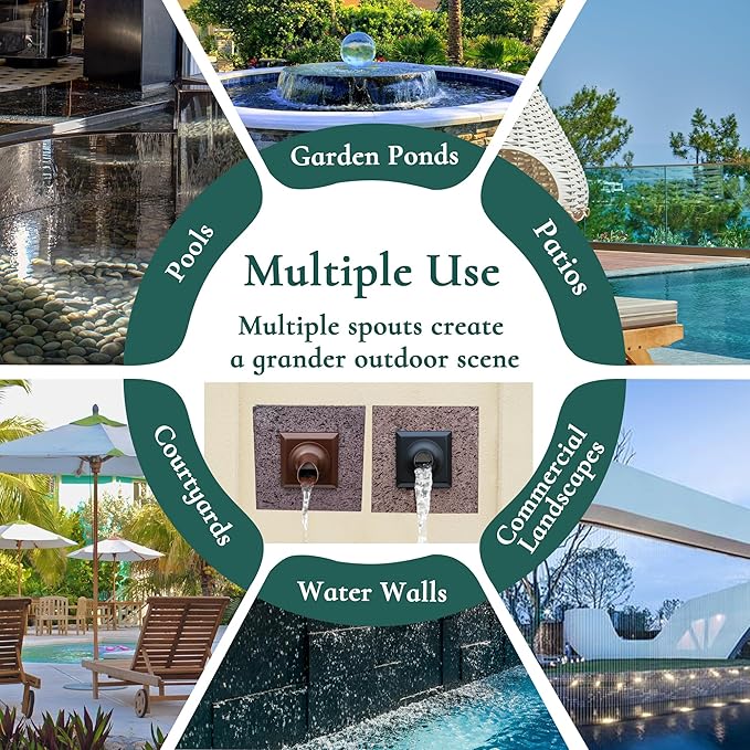 PONDO 2'' Round Water Fountain Spout, 316 Stainless Steel Spillway Waterfall Accent Scupper Feature with Integrated Spray Baffle for Landscape Decor, Garden Pond, Pool, Fountain (Brown)
