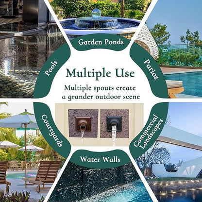 PONDO 2'' Round Water Fountain Spout, 316 Stainless Steel Spillway Waterfall Accent Scupper Feature with Integrated Spray Baffle for Landscape Decor, Garden Pond, Pool, Fountain (Brown)