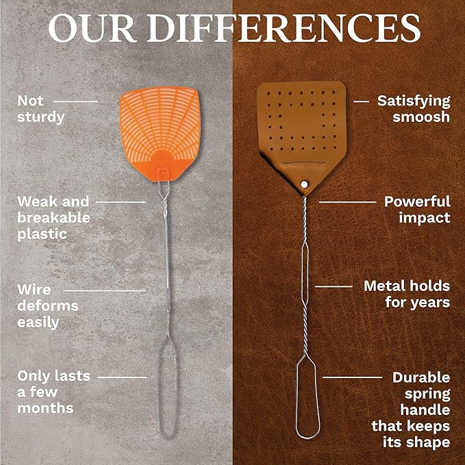 Leather Fly Swatter Set (2 Pack) – 17” Amish-Made Fly Swat w/Real Leather Paddle – Fly Swatters Multi Pack w/Metal Handle – Bug Swatter, Mosquito Swatter, Wasp Swatter (Brown)