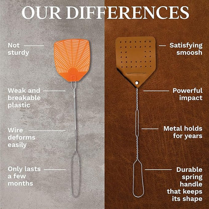 Leather Fly Swatter Set (2 Pack) – 17” Amish-Made Fly Swat w/Real Leather Paddle – Fly Swatters Multi Pack w/Metal Handle – Bug Swatter, Mosquito Swatter, Wasp Swatter (Brown)