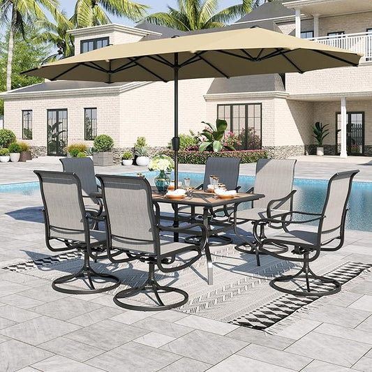 Sophia & William Patio Set with Umbrella Patio Dining Set for 6 with 13ft Rectangle Patio Umbrella Beige, 6 x Patio Chairs Grey, 1 Wood Like Outdoor Dining Table with Umbrella Hole for Lawn Garden