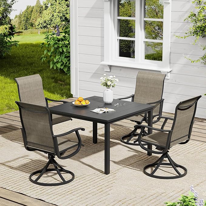 VICLLAX 5 Pieces Outdoor Dining Set, Patio Furniture Set of 4 Patio Swivel Dining Chairs and Square Patio Table, Mixed Brown Chairs & Black Tabletop