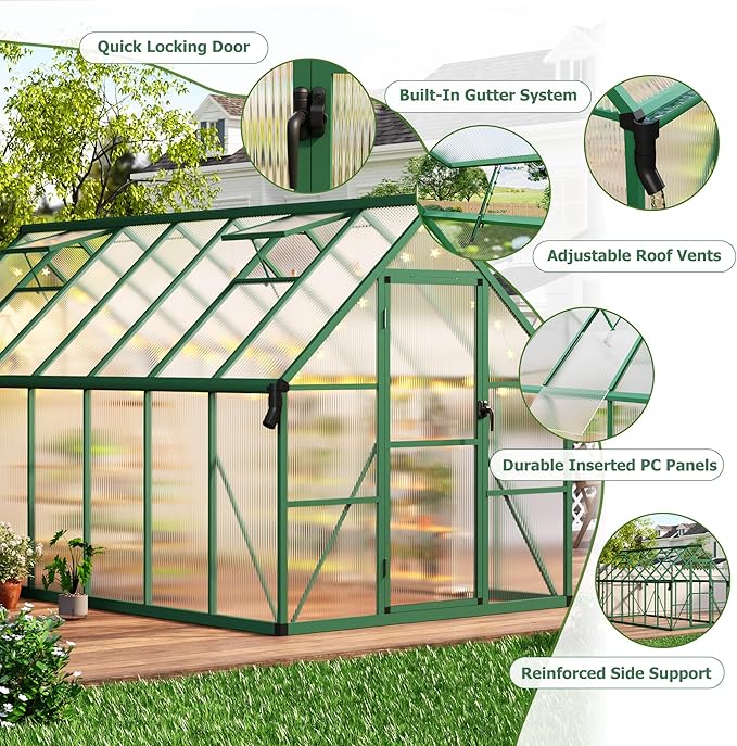 CABIHOME 8x14 FT Outdoor Greenhouse, Polycarbonate Greenhouse with Roof Vent and Ground Nails, Aluminum Large Walk-in Green House w/Lockable Push Door for Outside Garden Backyard (Green, 8x14 FT)