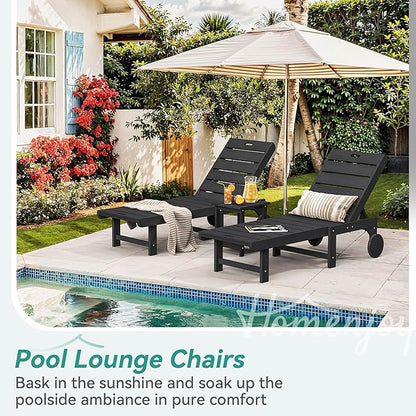 Outdoor Chaise Lounge Chairs with Table, 2-Piece, 26.8” Super Wide Lounge Chair Outdoor, HDPS Pool Chairs with 5 Positions, Patio Lounge Chair with Wheels for Pool,Lawn,Backyard, Black