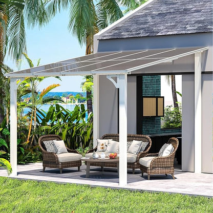 AECOJOY 8' x 8' Pergola Gazebo in White, Small Wall Mounted Pergolas and Gazebos on Clearance, Outdoor Patio Lean to Gazebo Metal Awnings for Deck, Porch, Backyard and More