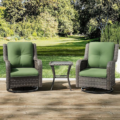Joyside Outdoor Swivel Rocker Patio Chairs Set of 2 and Matching Side Table - 3 Piece Wicker Patio Bistro Set with Premium Fabric Cushions(Mixed Grey/Green)