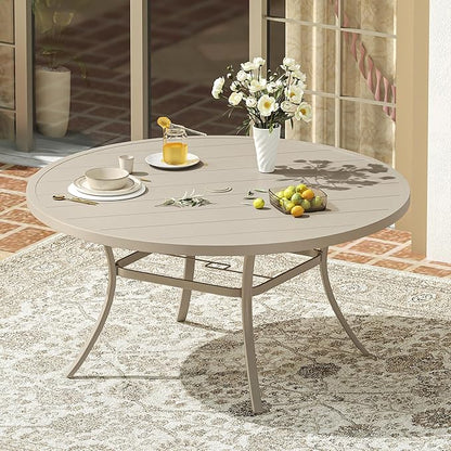 VICLLAX 60" Outdoor Round Patio Dining Table for 8-10, All Weather Metal Dining Table with Umbrella Hole for Deck Lawn Garden Backyard, Sandshell