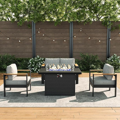 LayinSun 4 Piece Aluminum Outdoor Furniture Set with Fire Pit Table, Outside Patio Deep Seating Conversation Set with Upgraded Washable Thick Cushion