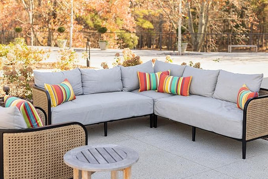 RSH DECOR: 6-Pack Pillow Set | All-Weather Spun Fabric | Water & Fade-Resistant | 17" Square, 20" x 12" Lumbar, 20" x 6" Neck Roll | Outdoor Pillows for Patio Furniture | Bright Colorful Stripe