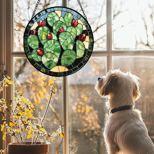 Stained Glass Window Hanging - Green Cactus Suncatcher for Doors Garden Patio Retro Plants Sun Catchers Decor Christmas Mother's Day Birthday Gifts for Women Men Mom Nana Friend 9.8 in