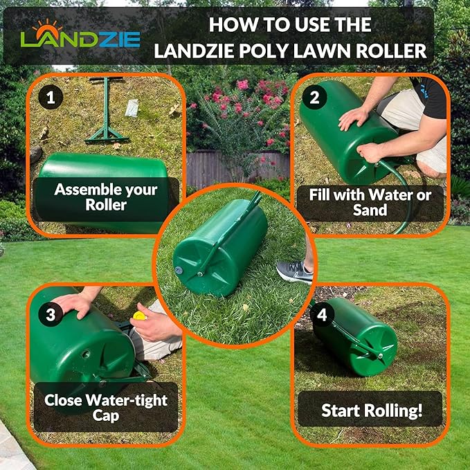 LANDZIE 24 Inch Poly Lawn Roller - 15.8 Gallon Lawn Roller Water Filled Sod Roller and Yard Roller for Pressing in Grass Seed to Improve Germination - Lawn Flattener for Rolls of Sod Lawn Striping Kit