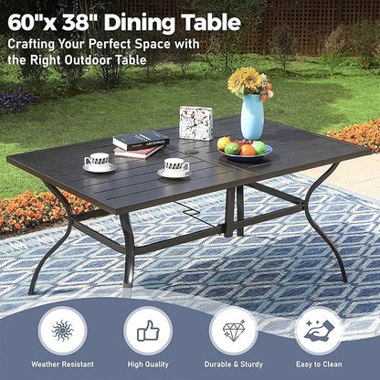 7 Piece Patio Dining Set for 6, Rectangular Metal Dining Table with Umbrella Hole and 6 Chairs, Outdoor Table and Chairs Set for Lawn Backyard and Deck, Blue