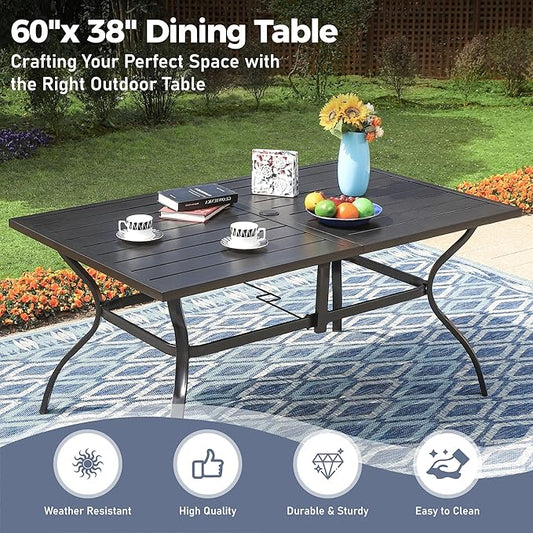 7 Piece Patio Dining Set for 6, Rectangular Metal Table with Umbrella Hole, 6 Brown Dining Chairs, Outdoor Table and Chairs Set for Lawn Backyard and Deck