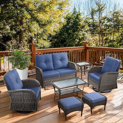 7 Piece Patio Furniture Set - Wicker Patio Conversation Set with Swivel Glider, Glider Loveseat, Tempered Glass Side Table and 2 Ottomans for Deck Backyard - Brown Wicker Blue Cushion