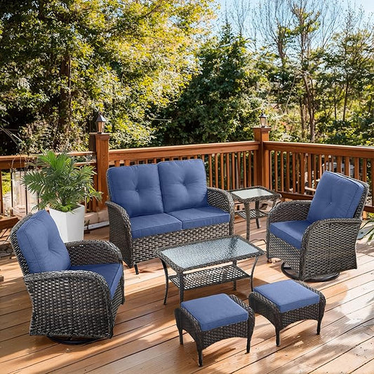 7 Piece Patio Furniture Set - Wicker Patio Conversation Set with Swivel Glider, Glider Loveseat, Tempered Glass Side Table and 2 Ottomans for Deck Backyard - Brown Wicker Blue Cushion