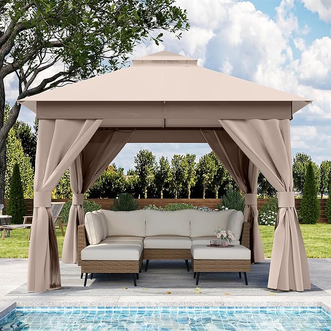 Outdoor Patio Gazebo 8FT, Heavy Duty Party Tent & Shelter with 2-Tier Roof and Expansion Bolts, Mosquito Nettings and Privacy Screens for Backyard, Garden, Poolside, Khaki