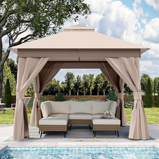 Outdoor Patio Gazebo 8FT, Heavy Duty Party Tent & Shelter with 2-Tier Roof and Expansion Bolts, Mosquito Nettings and Privacy Screens for Backyard, Garden, Poolside, Khaki