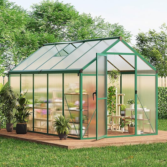 6x10 ft Greenhouse for Outdoors, Polycarbonate Greenhouse with Roof Vent, Ground Nails, Lockable Push Door, Aluminum Large Walk-in Green House for Outside Garden Backyard, Patio, Lawn, Green