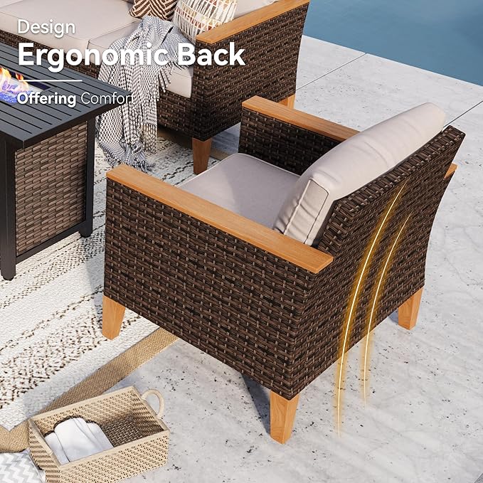 GREEN PARTY 9 Pieces Wicker Patio Furniture Set with 56" Fire Pit Table, All-Weather Outdoor Rattan Patio Sectional Sofa Conversation Set 9 Seats with 4" Thick Cushions for Garden, Backyard