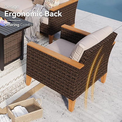 GREEN PARTY 9 Pieces Wicker Patio Furniture Set with 56" Fire Pit Table, All-Weather Outdoor Rattan Patio Sectional Sofa Conversation Set 9 Seats with 4" Thick Cushions for Garden, Backyard