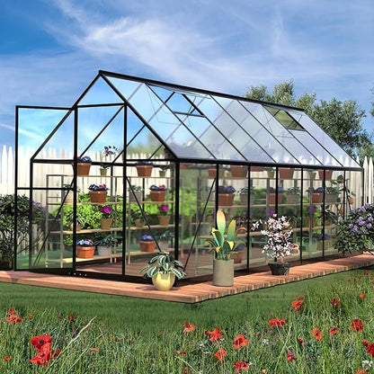 HOOYEAH 6 x 14 FT Greenhouses for Outdoors, Heavy Duty Polycarbonate Greenhouse, Lockable Greenhouse Kit with Upgraded Aluminum Frame and Adjustable Roof Vent, Winter Hot Green House for Outside