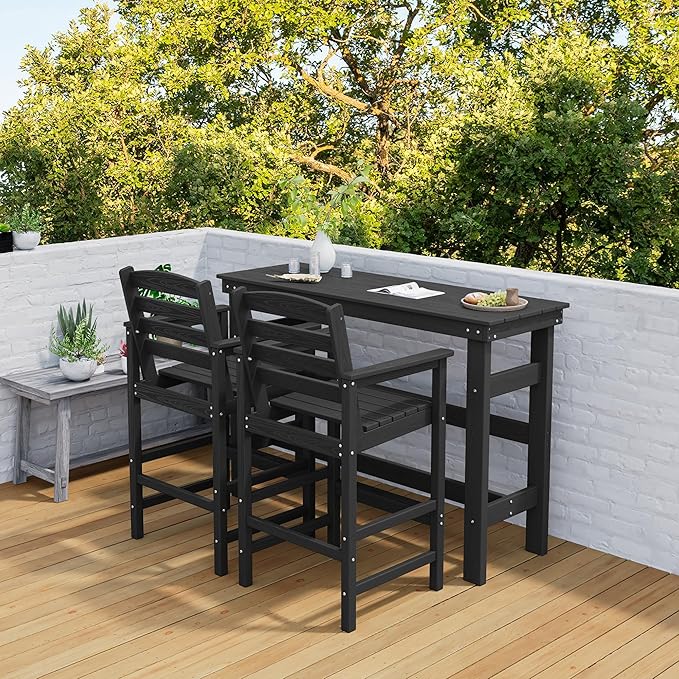 SERWALL Outdoor Bar Table and Chairs Set, Adirondack Bar Chairs Set of 2 and Bar Height Table, All Weather HDPE Outdoor Patio Bar Set, Outdoor Furniture for Outside, Poolside, Backyard, Garden, Black