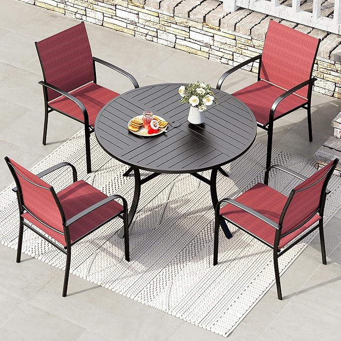 HERA'S HOUSE Patio Dining Chairs Set of 4, Outdoor Chairs, All Weather 36" Textilene Fabric Chair with Wrought Iron Metal Frame Support 350lbs for Lawn Garden Backyard Kitchen, Red