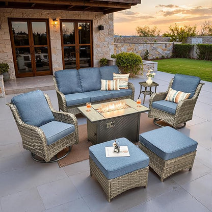 ovios 7 Pieces Patio Furniture Set, Outdoor Wicker Sofa Couch with Swivel Chairs 42" Fire Pit Table, High Back All Weather Modern Conversation Sets, Grey Rattan, Denim Blue