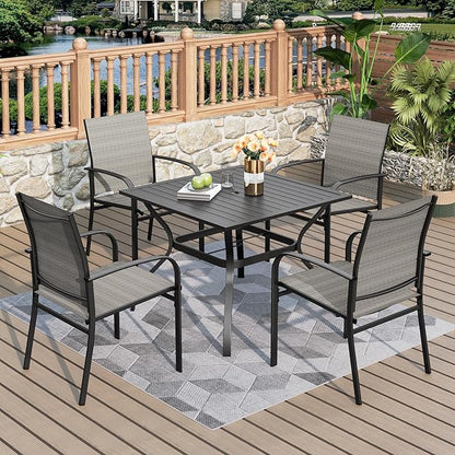 5 Pieces Patio Table and Chairs Set, 4 Person Outdoor Dining Furniture Set, 4 Brown Textilene Chairs and 37" Square Metal Table with Umbrella Hole, for Deck Backyard Lawn