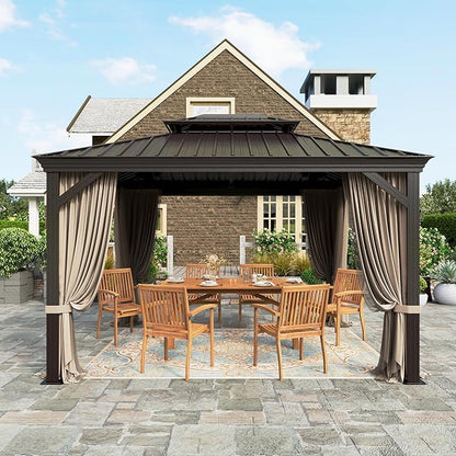 10'x12' Hardtop Aluminum Gazebo, Permanent Outdoor Canopy with Galvanized Steel Double Roof Heavy Duty Pavilion with Curtains and Netting for Garden Patio Lawn Deck