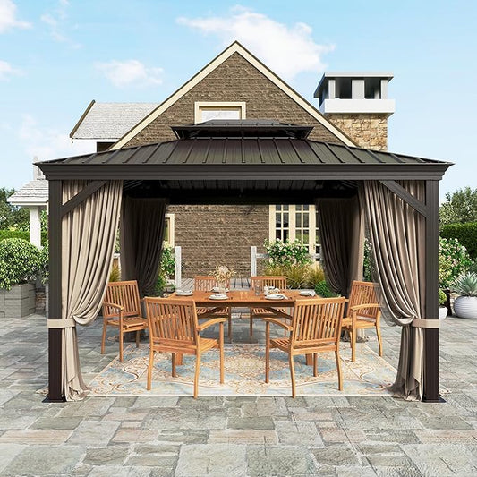 10'x12' Hardtop Aluminum Gazebo, Permanent Outdoor Canopy with Galvanized Steel Double Roof Heavy Duty Pavilion with Curtains and Netting for Garden Patio Lawn Deck