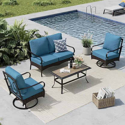 MFSTUDIO 4 Pieces Outdoor Patio Furniture Set, Metal Outdoor Conversation Set, Rattan Wicker Patio Sectional Sofa Set with 2 x Swivel Single Sofa, 2-Seat Sofa, 1 x Coffee Table, Navy Blue