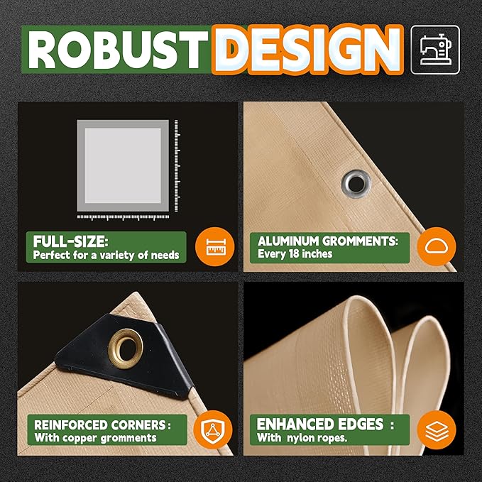 RAINDEWAY 15x30 Feet Heavy Duty Tarp,12 Mil Tan Waterproof Poly Tarp Cover,UV Resistant,Weatherproof,Durable,Multipurpose Tarps with Grommets and Reinforced Edges