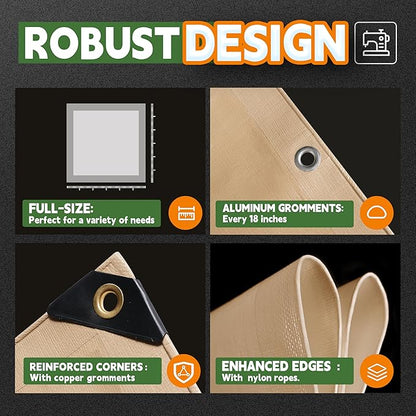 RAINDEWAY 16x20 Feet Heavy Duty Tarp,12 Mil Tan Waterproof Poly Tarp Cover,UV Resistant,Weatherproof,Durable,Multipurpose Tarps with Grommets and Reinforced Edges