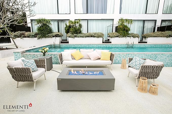 Elementi+ | Bundle Meteora Gas Fire Pit Cast Concrete 56" Rectangular Fire Table, Outdoor Fire Pit Electronic Ignition | Canvas Cover, Fire Glass and Burner Lid Included | Light Gray | Natural Gas