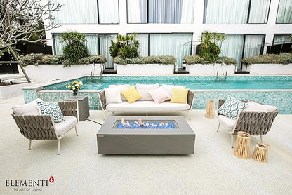 Elementi+ | Bundle Meteora Gas Fire Pit Cast Concrete 56" Rectangular Fire Table, Outdoor Fire Pit Electronic Ignition | Canvas Cover, Fire Glass and Burner Lid Included | Light Gray | Natural Gas