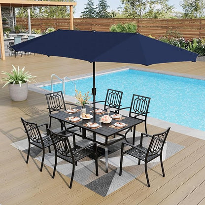PHI VILLA Patio Dining Set 8 PCS with 13ft Double-Sided Patio Umbrella(Navy Blue)，Metal Outdoor Dining Set - 6 x Outdoor Stackable Chairs, 1 x 60"x38"Rectangle Dining Table and 1 Umbrella