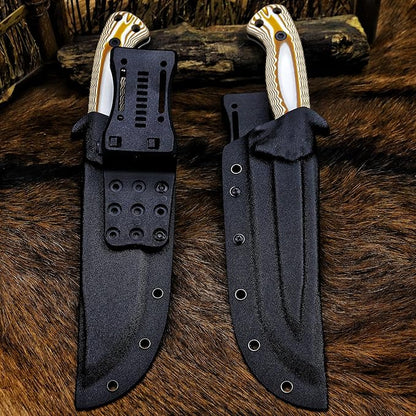 BA-KOR 12.4in Full Tang Fixed Blade Hunting Knife – 6mm 9CR18MoV Steel, G10 Handle, Stonewashed Sawback Blade with Kydex Sheath & Fire Starter for Outdoor, Camping, Survival (White and brown stripes)