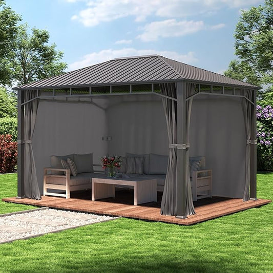TOOLPORT Hardtop Gazebo 10x13 ft with Steel Roof - 4 Side Panels in Gray - Approx. 3.54x3.54 in Aluminium Poles