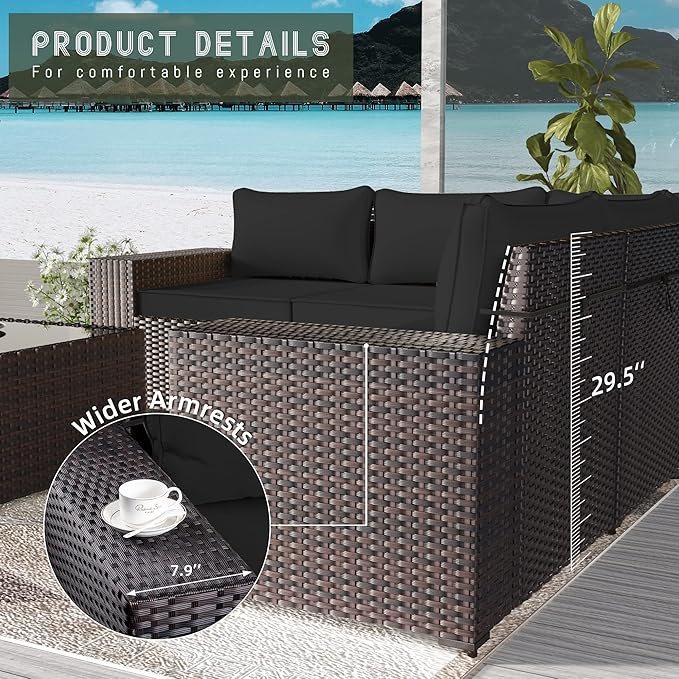 Outdoor Patio Furniture Set, 12 Pieces Outdoor Furniture All Weather Patio Sectional Sofa PE Wicker Modular Conversation Sets with Coffee Table,10 Chairs & Seat Clips(Black)