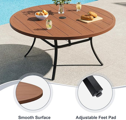 VICLLAX 50" Outdoor Round Patio Dining Table for 4-6, All Weather Metal Dining Table with Umbrella Hole for Deck Lawn Garden Backyard, Walnut