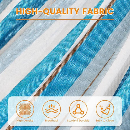 Lazy Daze Hammocks Cotton Fabric Spreader Bar Hammock and 10.5 Ft Wood Arc Hammock Stand Combo, for Indoor, Outdoor, Patio, Backyard, Blue and White